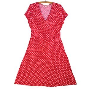 Boden Lola Jersey Surplice Dress US Size 12 Red Geometric Print Faux Wrap Boho